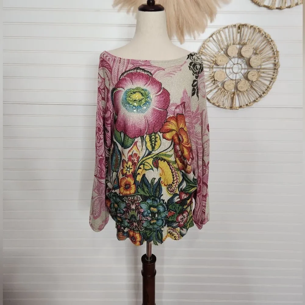Desigual Revolve Metallic Floral Knit Oversized Sweater Medium